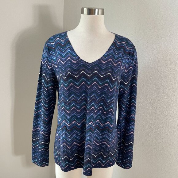 Talbots Womens Large Pure Merino Wool V Neck Sweater Chevron Navy Multicolor - Picture 1 of 10